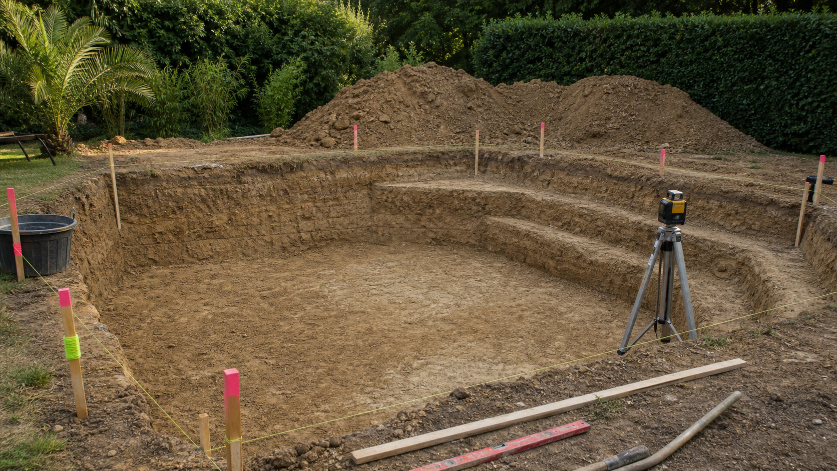 Chantier de piscine creusée avec terrassement et piquets de niveau