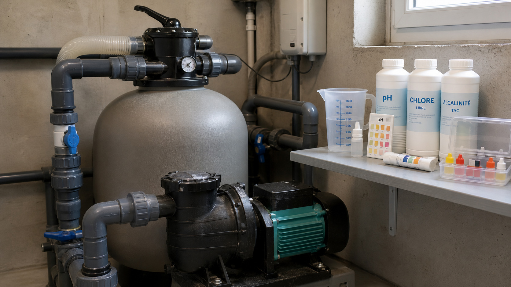 Local technique de piscine avec filtration et produits de contrôle