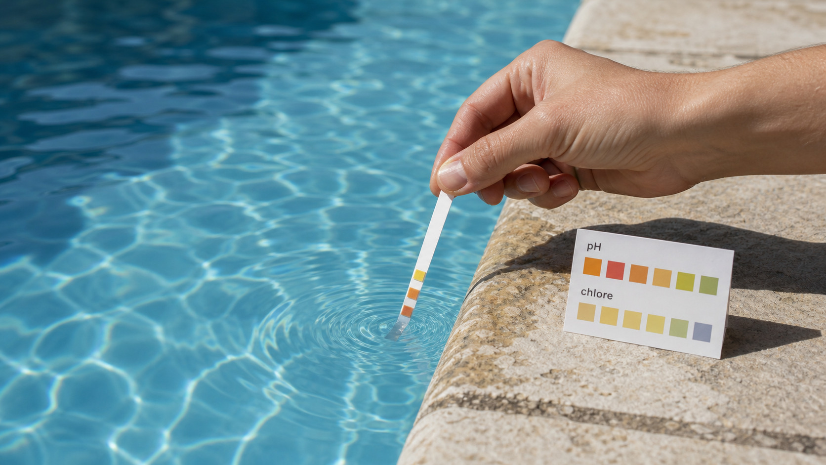 Bandelette de test pH et chlore trempée dans l'eau d'une piscine